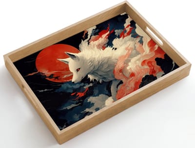 Dienblad hout 50x35 cm - Schootdienblad - Witte vos - wolken - maan - Borrelplank rechthoek - Plateau dienbladen