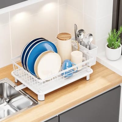 Afdruiprek - Afwasrek met Lekbak en Bestekhouder – 2 in 1 rvs Afwasrek voor Borden, Kommen en Glazen – Keukenrek - Compact Droogrek voor Aanrecht – Wit