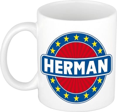 Bellatio Decorations - Herman voornaam - koffiemok - beker - wit/blauw - 300 ml - Cadeau - Heren - Collega - Vaderdag - Verjaardag