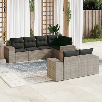 vidaXL - 7-delige - Loungeset - met - kussens - poly - rattan - lichtgrijs