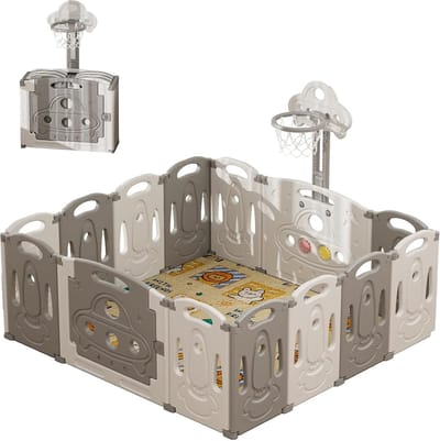 JGS® - Veilige Babybox Activiteitencentrum met Speelmat en Basketbalkorf, Opvouwbaar voor Binnen en Buiten (Grijs, 155 x 155 cm)