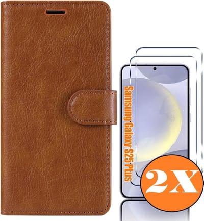 Hoesje geschikt voor Samsung Galaxy S25 Plus bookcase Bruin - Met screenprotector tempered glass Galaxy S25 Plus - 2x
