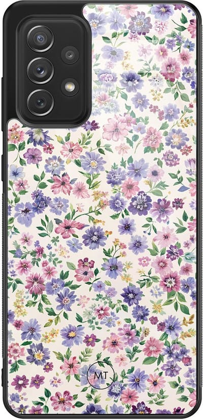 Hoesje geschikt voor Samsung Galaxy A52 5G - Paarse bloemen - Hard Case Zwart Back Cover - Bloemen - Paars - Mooie Telefoonhoesjes