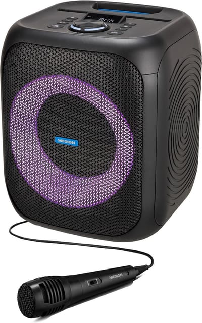 MEDION S61991 Party luidspreker met Bluetooth (party sound system inclusief microfoon, party box, draagbaar geluidssysteem, geïntegreerde oplaadbare batterij, voor binnen en buiten, lichteffecten, TWS