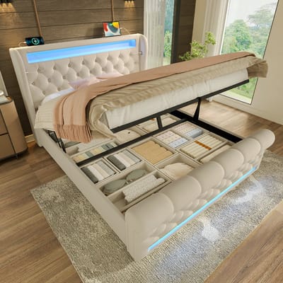 VVBV Gestoffeerd Bed 140x200 cm Tweepersoonsbed met LED verlichting - USB C-type oplaadfunctie - Hydraulische hendel - Lattenbodem - Beige Fluweel (zonder matras)