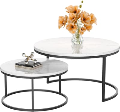 REDOM Salontafel Set van 2 – Ronde Salontafel Marmerlook – Moderne Nesting Salontafel – Woonkamer Tafel / Bijzettafel – Stevig Zwart Metalen Frame – Ruimtebesparend Design – Zwart/Wit