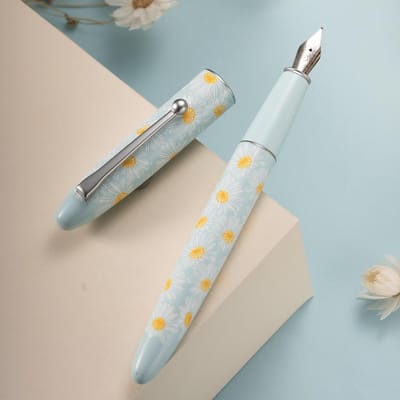 Dailygoods - HONG DIAN C3 Vulpen, Iridium Extra Fijne Zachte Penpunt Chinese Knop Snijwerk, Lichtblauw & Kleine Daisy Schilderij Ontwerp met Metalen Doos Set