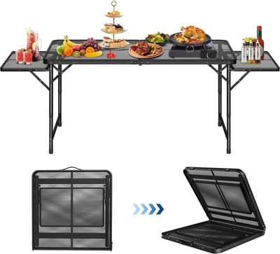 NAIZY Campingtafel Opvouwbare tafel, Opvouwbare 120 cm Campingtafel 3-Niveaus Hoogte Verstelbare Schraagtafel Uitschuifbaar, Reistafel met Antislip Voeten & Handvat