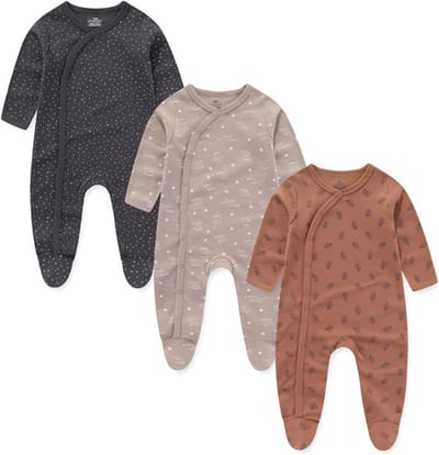 3-Pack Baby Slaappak Lange Mouw Romper met Drukknoop en Voetjes – Zachte Katoen