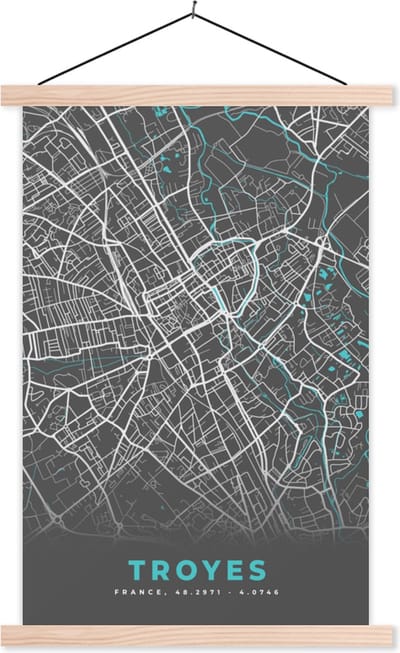 Posterhanger incl. Poster 40x60 cm - Schoolplaat - Troyes - Frankrijk - Plattegrond - Stadskaart - Kaart - Textielposter - Blanke latten - Stadskaart
