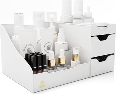 Make-up organizer met lades voor cosmetica - chique ijdelheid houder voor borstels en sieraden - elegante opslag voor oogschaduw en lippenstift - wit nagellak opbergen
