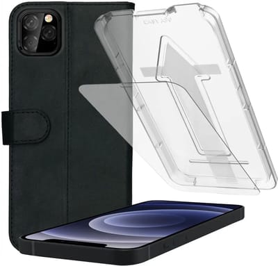 Rosso Deluxe Hoesje + Tempered Glass Geschikt voor Apple iPhone 12 / 12 Pro – Echt Leer Book Case met Pasjeshouder Zwart + Screen Protector met Installatietray - Case Friendly 9H Gehard Glas