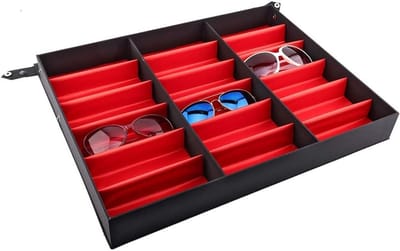 Glazen opbergdoos met 18 vakken voor brillen en zonnebrillen, opslag- en displayoplossing voor thuis en kantoor, zwart en rood, 47 x 37 x 6 cm