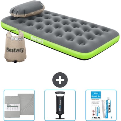 Bestway luchtbed - 1-Persoons - 99 x 188 x 22 cm - Grijs/Groen - Inclusief Hoeslaken - Pomp en Reparatieset