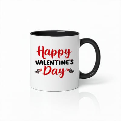 Happy Valentine’s Day Mok 330ml – Wit-Zwarte Koffiemok met Rood-Zwart Hartjes Ontwerp – Romantisch Cadeau voor Hem & Haar