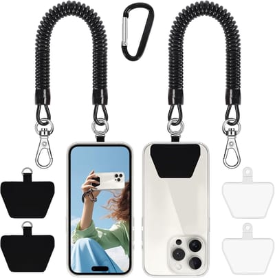 Daity Anti-diefstal telefoonkoord – Beveiligingskabel voor telefoons – Uitschuifbaar anti-verlieskoord – Inclusief karabijnhaak – Compatibel met de meeste telefoons – Zwart – 2-pack – Ideaal voor skiën, wandelen, fietsen, vissen en rotsklimmen
