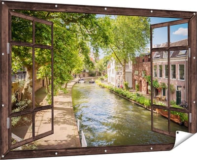 Gards Tuinposter Doorkijk Oudegracht in Utrecht - 180x120 cm - Tuindoek - Tuindecoratie - Wanddecoratie buiten - Tuinschilderij