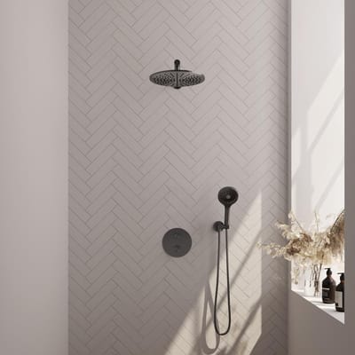 Brauer Gunmetal Edition thermostatische inbouw regendouche 3-weg rond SET 80 met 30 cm douchekop en rechte muurarm en 3-standen handdouche en doucheslang en wandaansluitbocht gunmetal geborsteld PVD