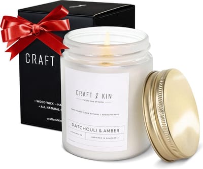 Patchouli & Amber Geurkaars | 8 Oz | 45 Uur Langdurige Geur | Klassieke Soja Lente Geurkaarsen met Houten Wiek | Natuurlijke Soja | Cadeaus voor Mannen en Vrouwen