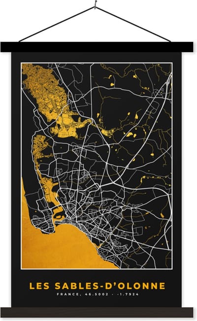 Posterhanger incl. Poster 40x60 cm - Schoolplaat - Plattegrond - Stadskaart - Kaart - Frankrijk - Les Sables-d'Olonne - Textielposter - Zwarte latten - Stadskaart