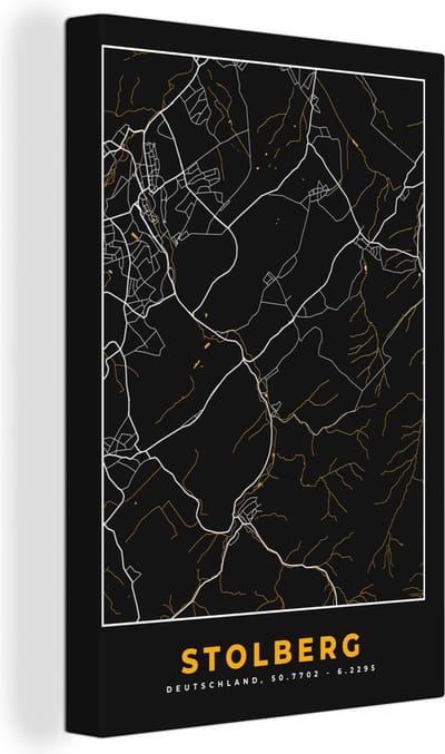 Canvas Schilderij Black and Gold – Stadskaart – Stolberg – Duitsland – Plattegrond – Kaart - 20x30 cm - Wanddecoratie
