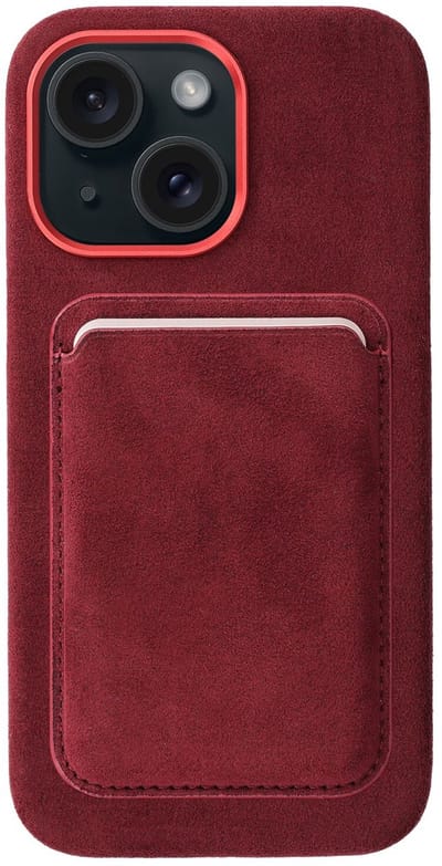 Rosso Avanti Hoesje Geschikt voor Apple iPhone 15 met Magnetische Kaarthouder | Compatibel met MagSafe / Qi2 | Echt Italiaans Alcantara | Back Cover en Wallet | Burgundy