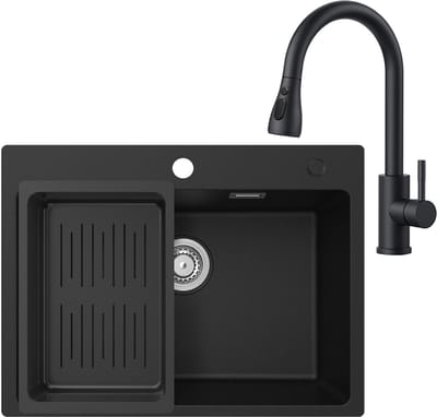 CECIPA max Granieten Spoelbak voor keuken 60x45cm Antraciet - Spoelbakken Keuken Met Keukenkraan met Uittrekbare Uitloop - Wasbak met waterafvoersysteem - Granieten spoelbak met afdruip
