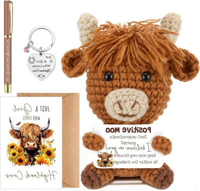 Positieve Highland Cow Cadeauset voor Vrouwen met Gehaakte Koe, Kaart, Sleutelhanger en Pennen voor Verjaardag of Kerstmis