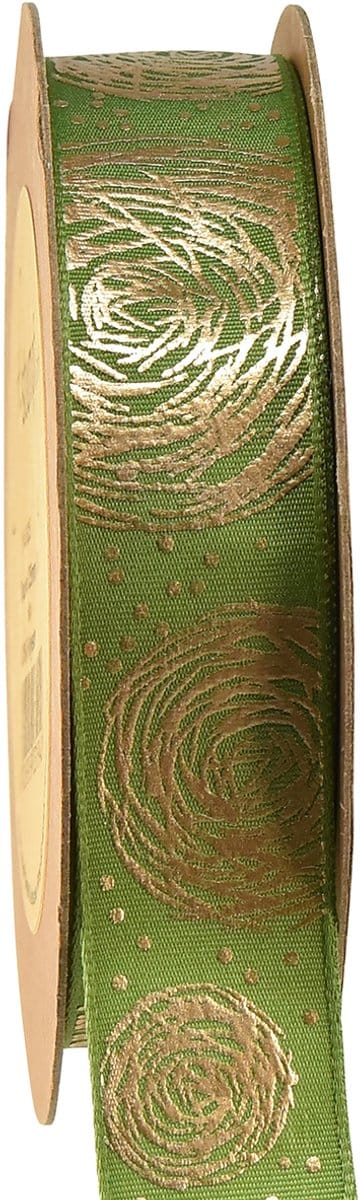 Cadeaulint met gouden rozen Groen sieradenlint 25mm 15m