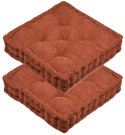 Stof Textile Vloerkussen Ribcord - 2x - terracotta - polyester - 45 x 45 x 10 cm - vierkant - Extra dik - extra zitplaatsen - spelen - gamen - relaxen