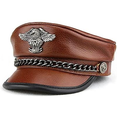Exclusieve Militaire Pet van Echt Koeienleer voor Mannen, Echte Lederen Platte Top Hoed, Mode Adelaarsmerk Ketting Punk Locomotief Casquette voor Mannen 57-58cm brown