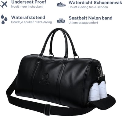 Clayton Weekendtas Heren – Sporttas met Schoenenvak – Reistas Handbagage 22L – Vegan Leer Lederlook – Waterafstotend – Zwart