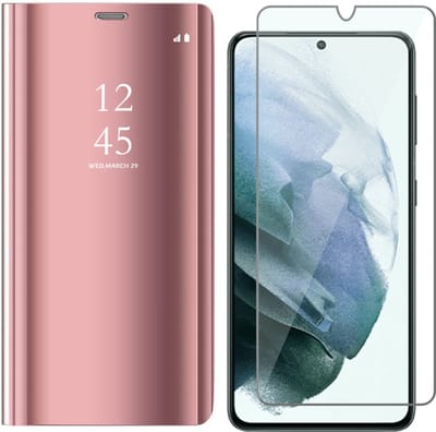 Hoesje geschikt voor Samsung Galaxy S21 FE - Book Case Mirror Reflection Wallet Cover Booktype Hoes Roze - Screenprotector Beschermglas Gehard Glas Tempered Glass Screen Protector
