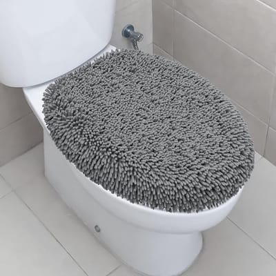 Badkamer Toiletdekselhoes - Toiletstoelhoes Pluche - Badkamer Comfort - Zachte Chenille Stof - 47 x 50 cm - Grijs