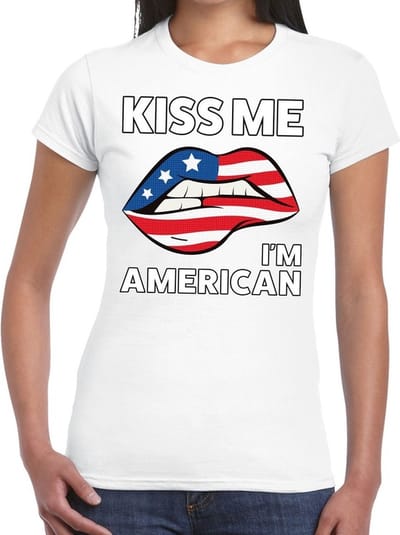 Kiss me I am American t-shirt wit dames - feest shirts dames - USA kleding XS