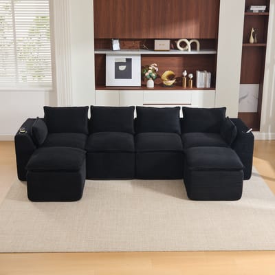 OKWISH Hoekbank 322 x 161 cm - Modulair 4-Zits Met Hockers En Opbergvakken - Voor Woonkamer Of Kantoor - Cord - Zwart