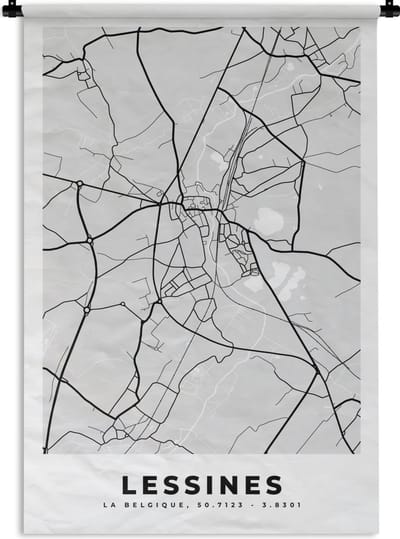 Wandkleed - Wanddoek - Stadskaart – Plattegrond – België – Zwart Wit – Lessines – Kaart - 120x180 cm - Wandtapijt