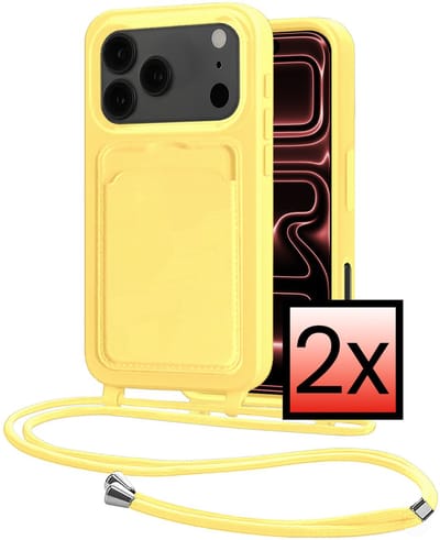 Hoes Geschikt voor iPhone 17 Pro Hoesje Pasjeshouder Cover Met Koord Case Siliconen Hoes Met Telefoonkoord en Kaarthouder - Geel - 2 PACK