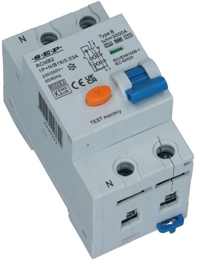 Aardlekautomaat B 16A 1 polig + nul Type B 30mA 6kA 45mm RCMB