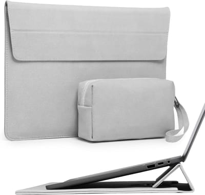 15 Inch Laptop Sleeve met Verstelbare Stand voor MacBook Air en Pro, Geschikt voor Surface Laptop 7/6/5/4, Lichtgrijs en Beschermend Accessoire