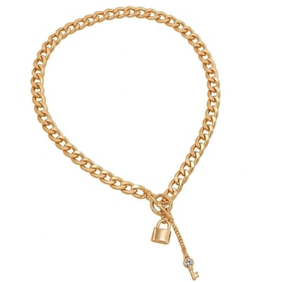 Goudkleurige ketting met slot- en sleutelhanger – ketting voor dames – schakelketting met speels hangertje en kristalaccent