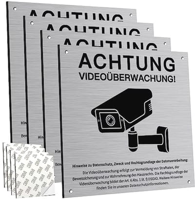 4 stuks Videobewaking Waarschuwingsborden - 15x15 cm Aluminium met DSGVO-Notitie