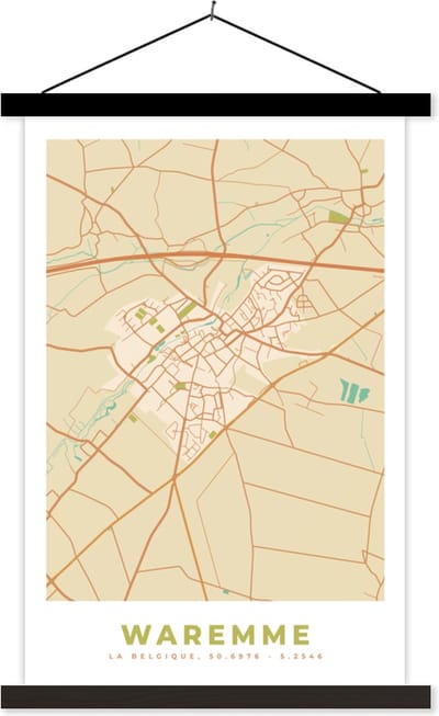 Posterhanger incl. Poster 40x60 cm - Schoolplaat - Kaart - Vintage - Retro - Stadskaart - Waremme - Plattegrond - Textielposter - Zwarte latten - Stadskaart
