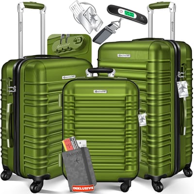 KESSER® 3x Koffer, reiskofferset, trolleykoffer harde kofferset incl. bagageweegschaal + bagagelabel rollend kofferslot 4 wielen ABS harde schaal telescopisch handvat M-L-XL - Khaki