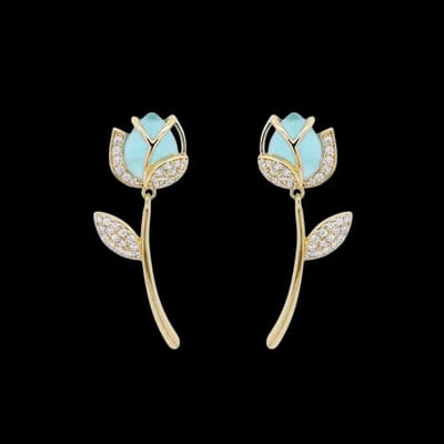 Victoria Valenza Goudkleurige rozenknop oorbellen met blauwe maansteen – Oorbellen dames – Oorbellen – Oorbellen goud– Gouden oorbellen – Gouden oorbellen dames – zirkonia stenen