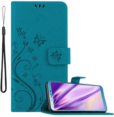 Cadorabo Hoesje geschikt voor Samsung Galaxy A6s in BLOEMEN BLAUW - Beschermhoes in bloemmotief met magnetische sluiting, standfunctie en kaartsleuven Book Case Cover Etui