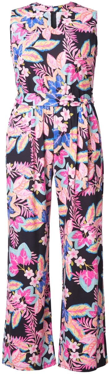 Ulla Popken - Dames - Jumpsuit mouwloos jersey bloemenpatroon - Zwart - Maat 42