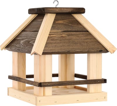 Vogelvoederhuis, vierkant met bruin dak en haak, vogelhuis, vogel, voederhuis, 27 x 27 x 30 cm.