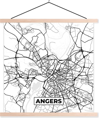 Posterhanger incl. Poster 40x40 cm - Schoolplaat - Stadskaart - Plattegrond - Angers - Kaart - Frankrijk - Zwart wit - Textielposter - Blanke latten - Stadskaart