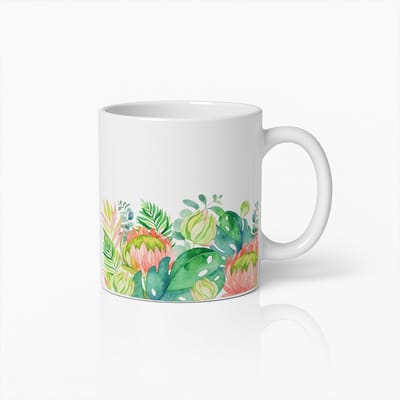 Kleurrijke Tropische Bladeren en Bloemen Keramische Mok – Levendige Natuur Geïnspireerde Koffiebeker